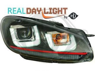 VW Golf 6 VI LED Tagfahrlicht Scheinwerfer Schwarz,im Golf 7 Design. Leiste rot