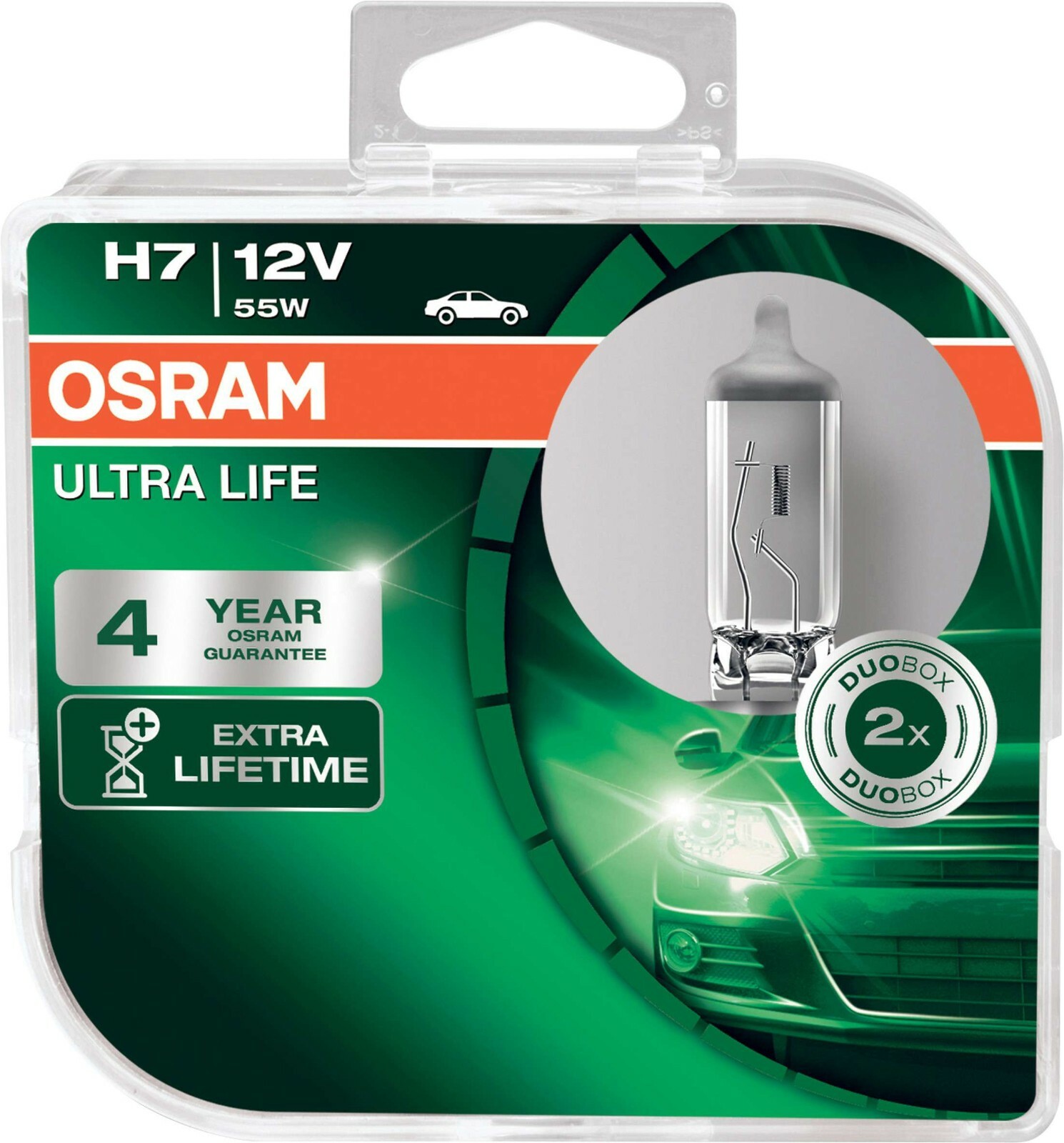 Osram H7 Ultra Life,55 Watt PX26d Sockel, Duo Box, 2 Stück,Extra Lifetime