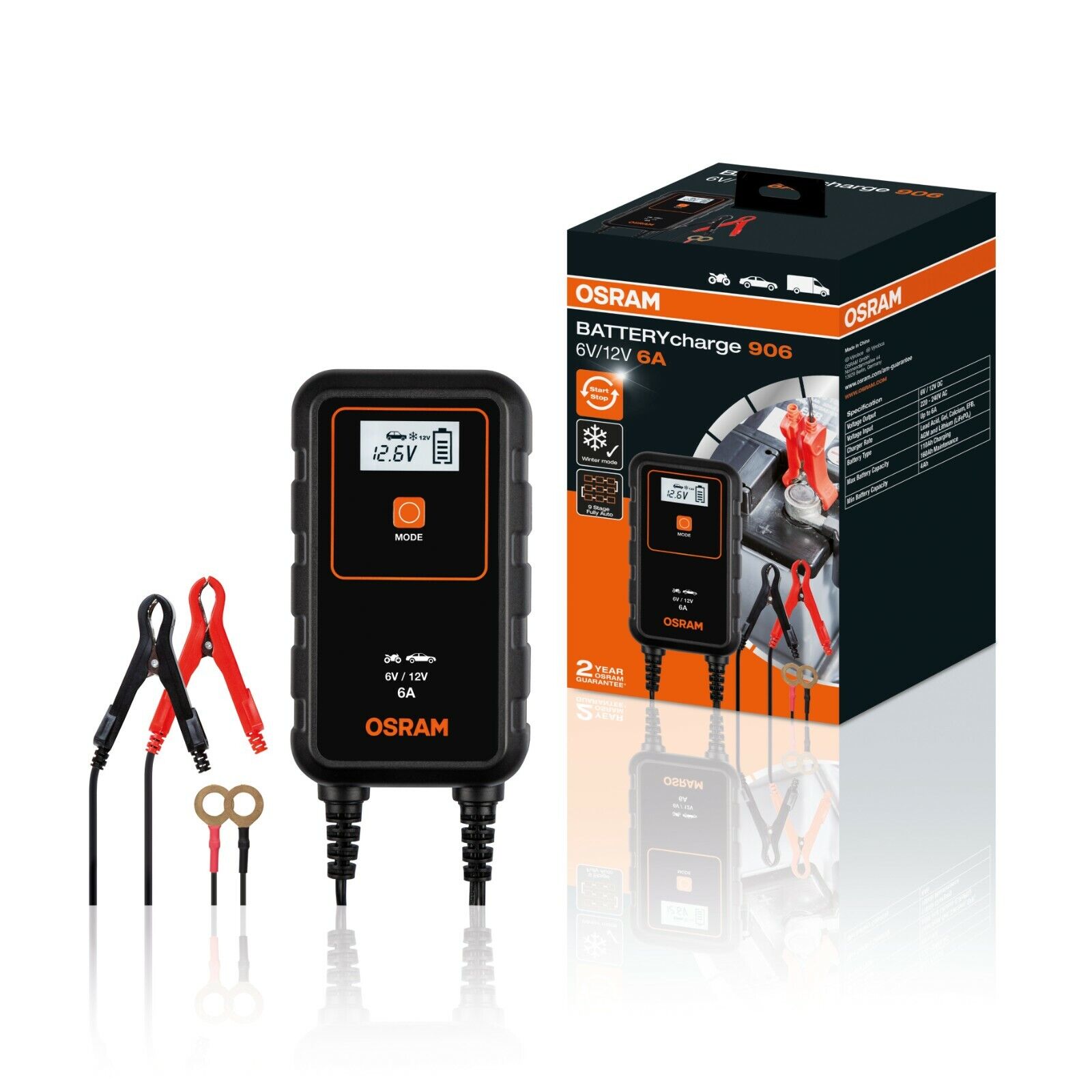Osram Batterieladegerät 6 + 12Volt 6 A,Lithiumbatterien+Blei-Säure AGM Batterien